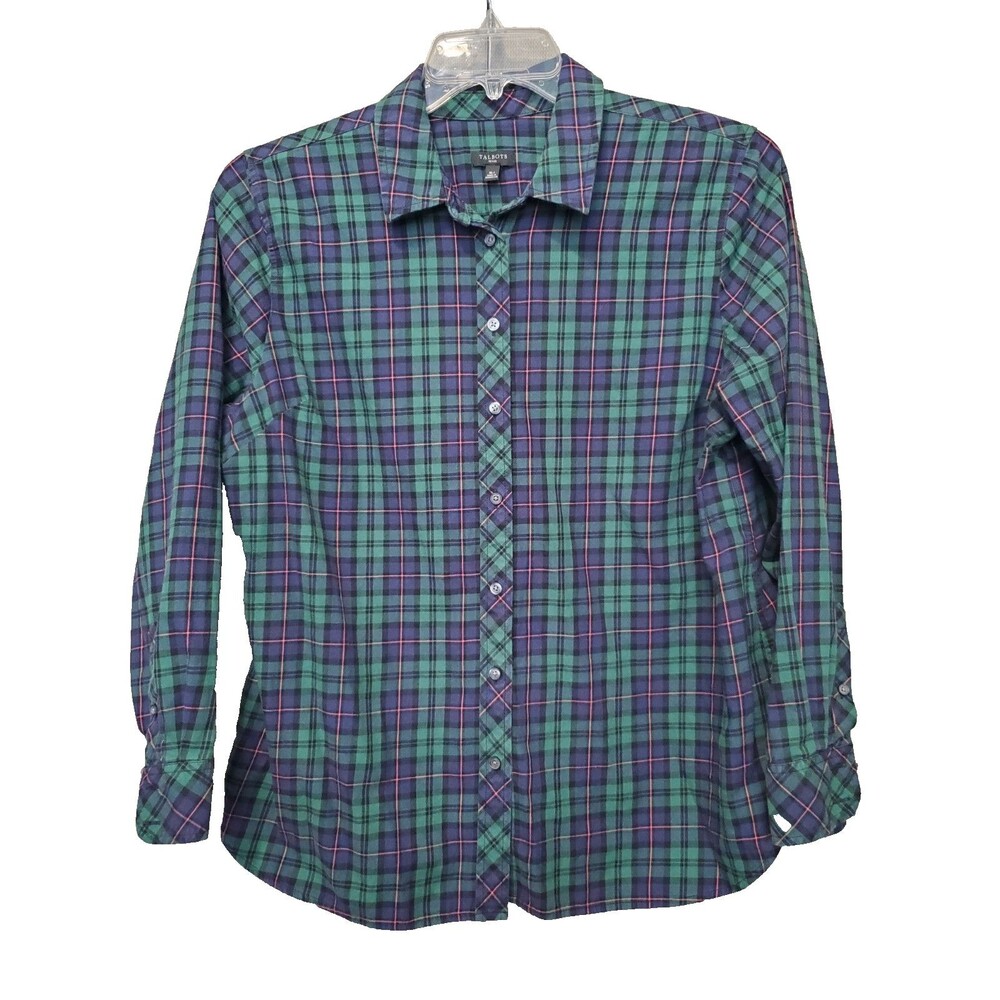 Talbots Petite Green Plaid Cotton Long Sleeve Button-Up Shirt Size XLP